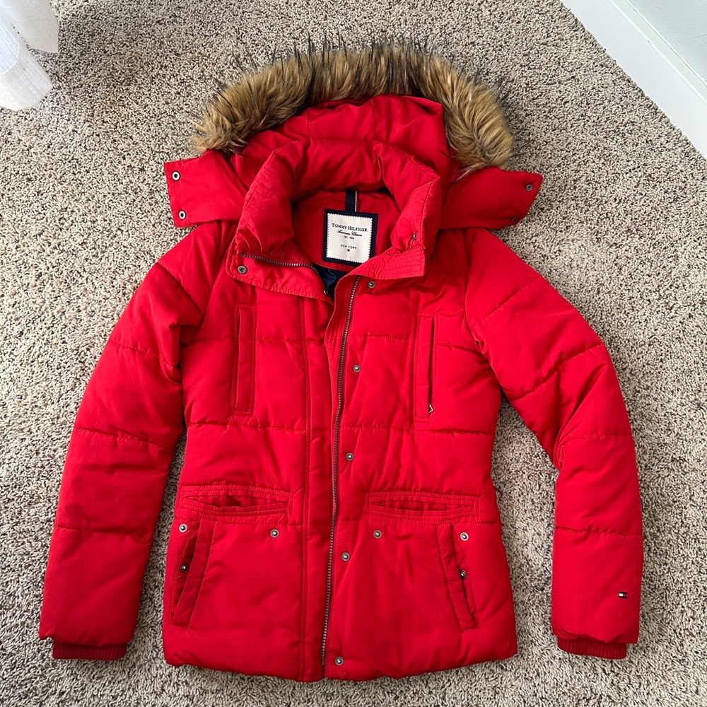 Tommy Hilfiger Kids Red Puffer Coat with Faux Fur Hood
